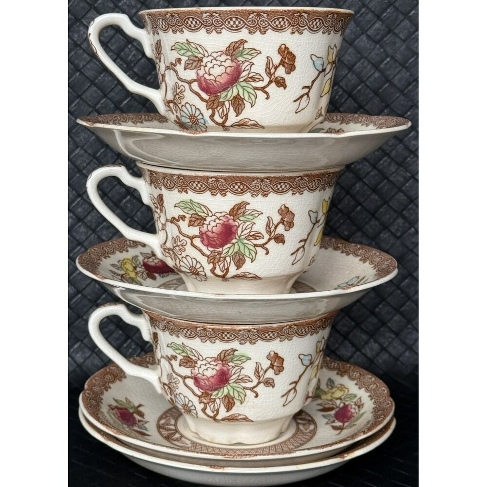 Vintage Handcrafted By Maruta Japan Indian Tree 3 Cups And 4 Saucers 1940s